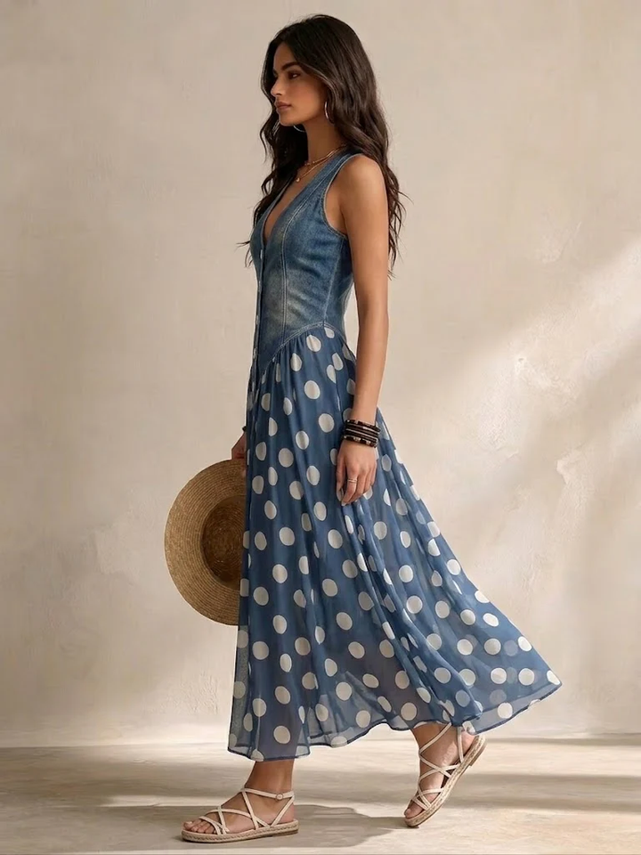 Penny – Denim Bodice Polka Dot Midi Dress