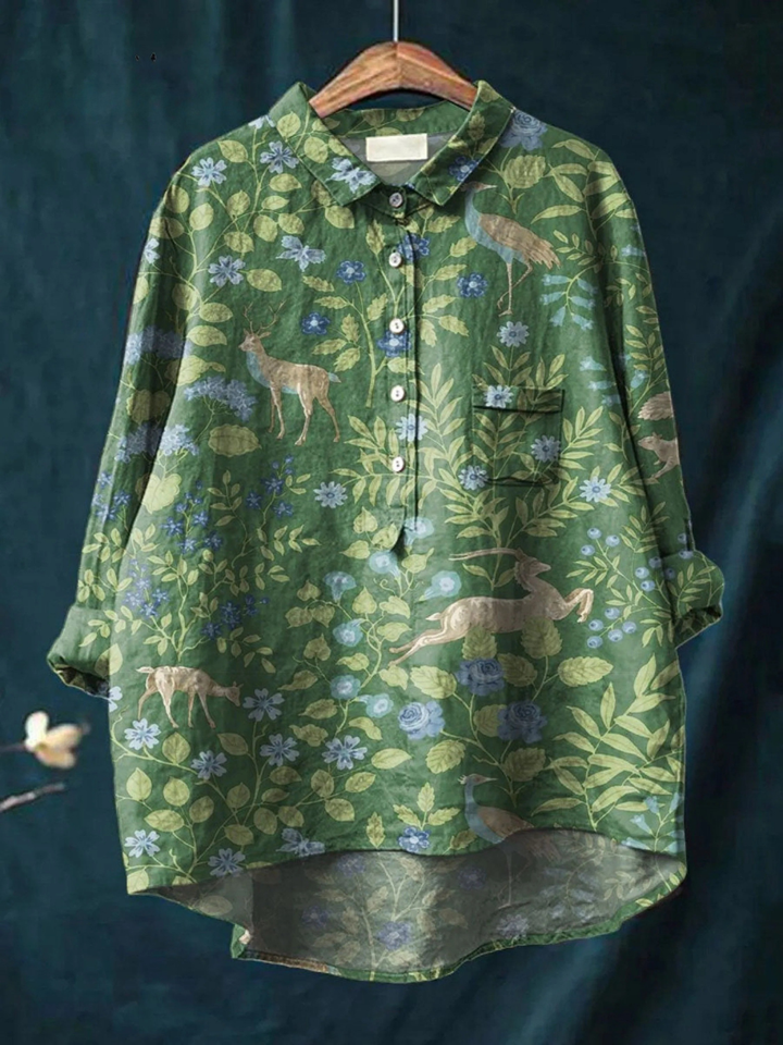 Nedra | Women's Vintage Floral Animals Art Print Casual Shirt
