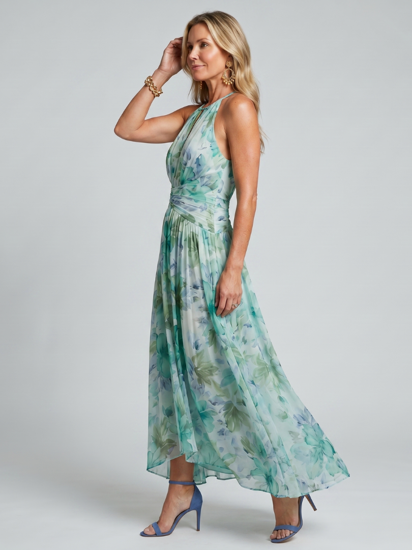 Charlotte | Pleated Halter Floral Midi Dress