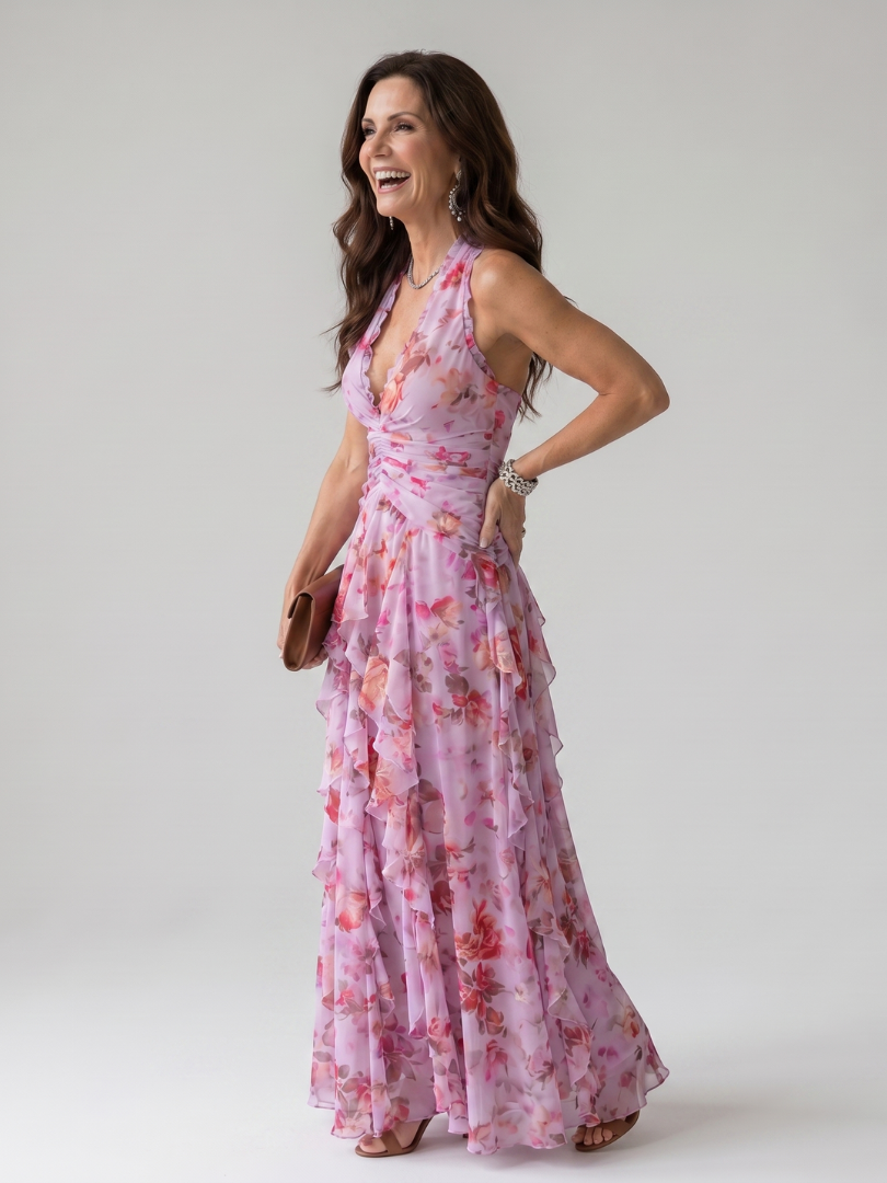 Avery | Halter Ruched Floral Maxi Dress