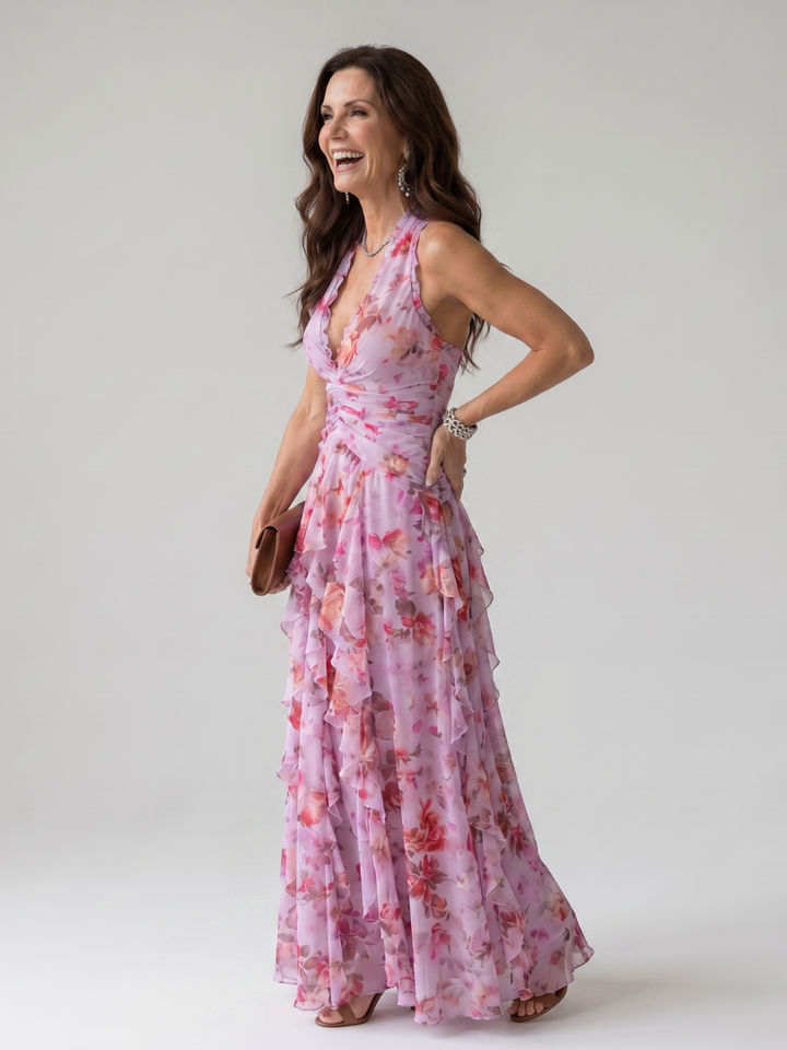 Avery | Halter Ruched Floral Maxi Dress