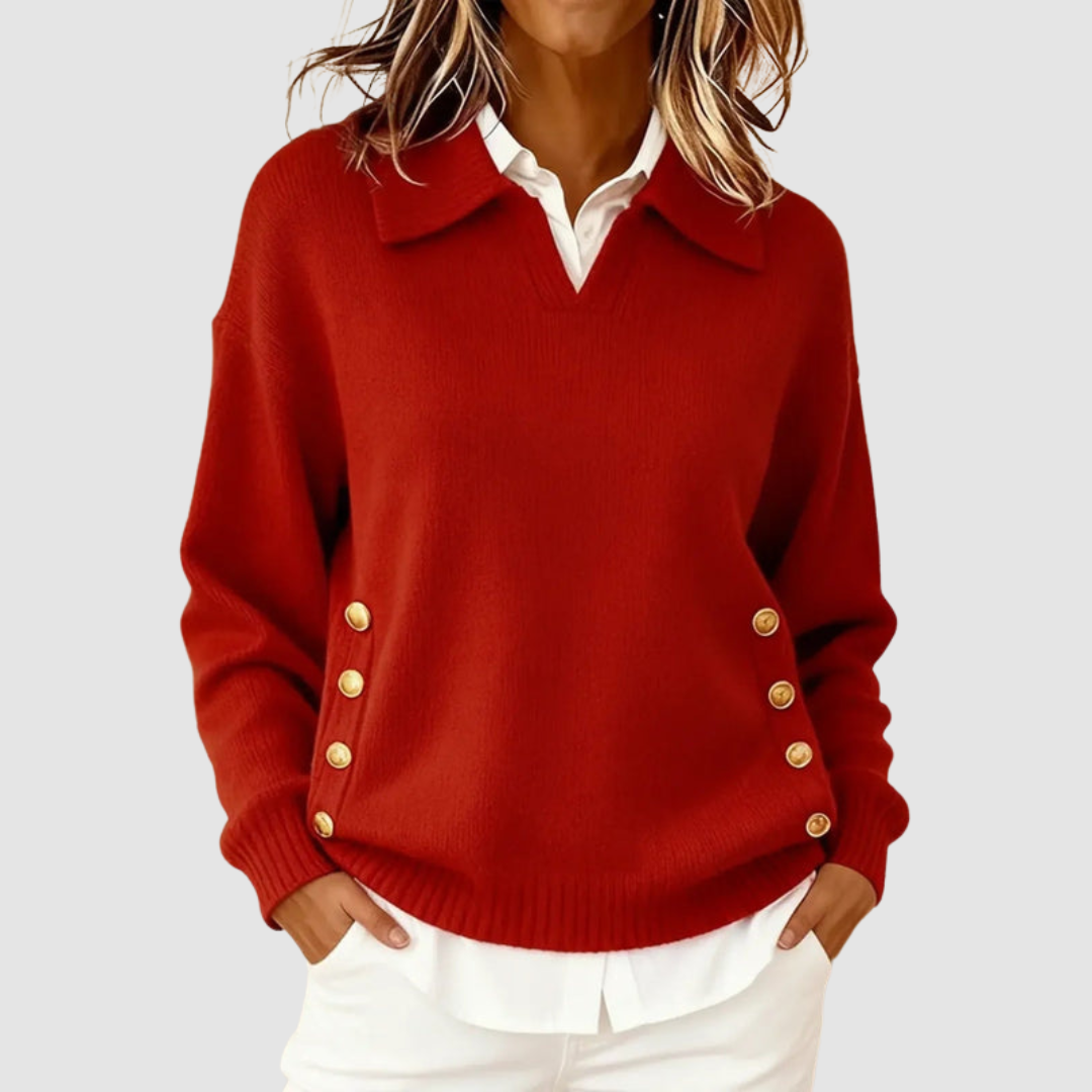 Vivien – Collared Knit Sweater with Side Buttons