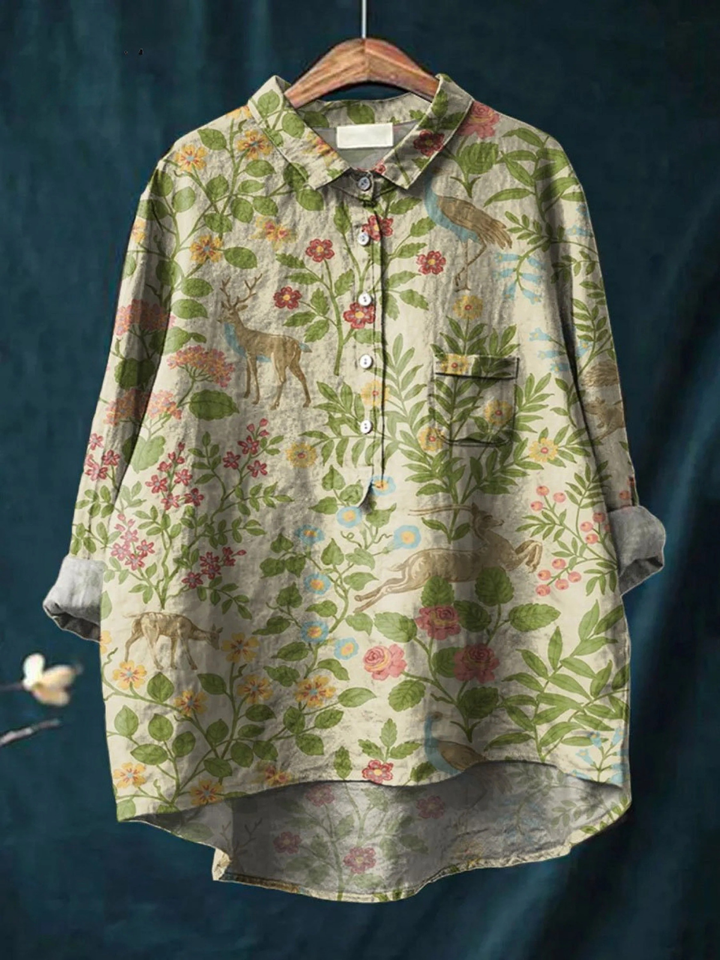 Nedra | Women's Vintage Floral Animals Art Print Casual Shirt