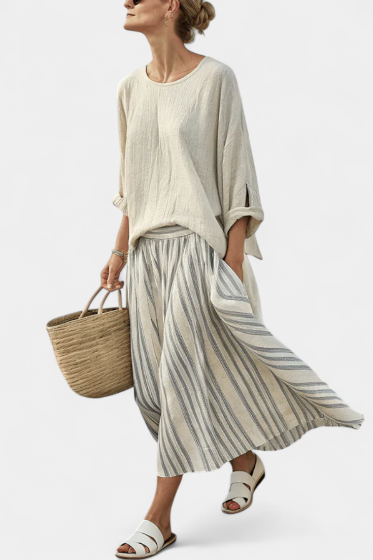 Brittney | Comfortable Loose Blouse & Striped Midi Skirt