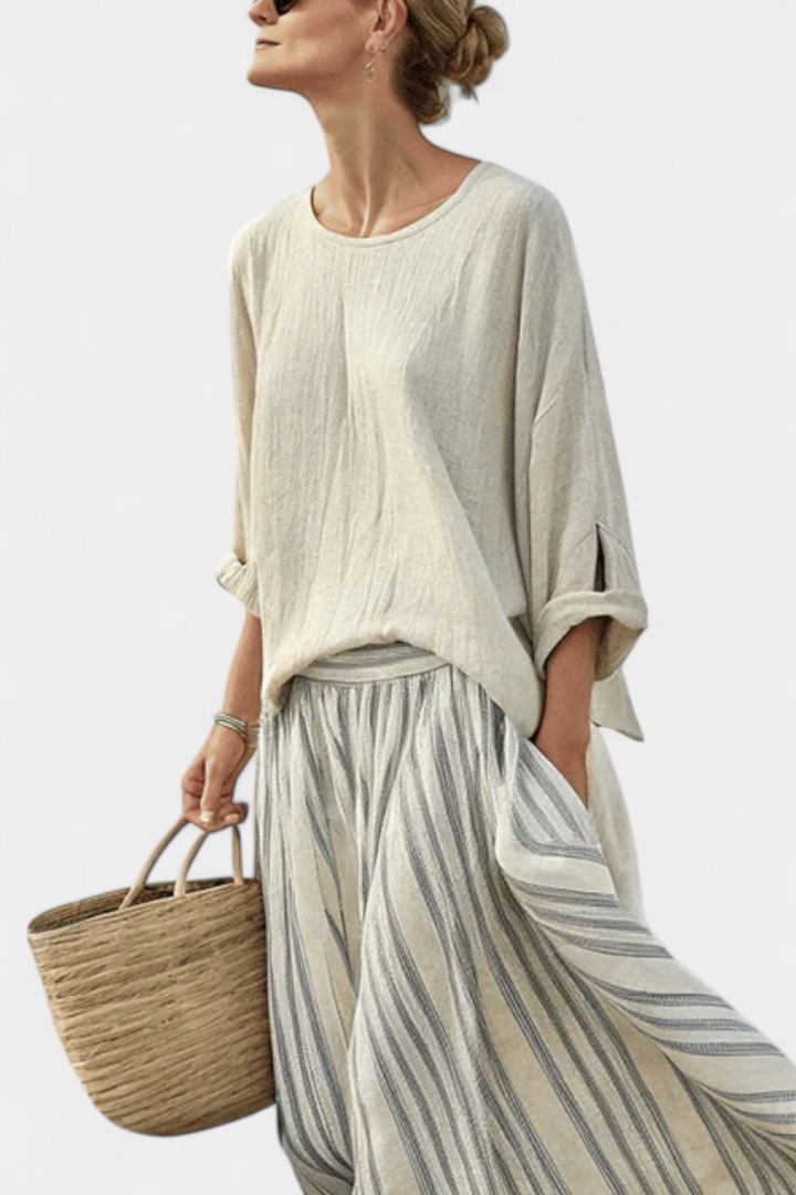 Brittney | Comfortable Loose Blouse & Striped Midi Skirt