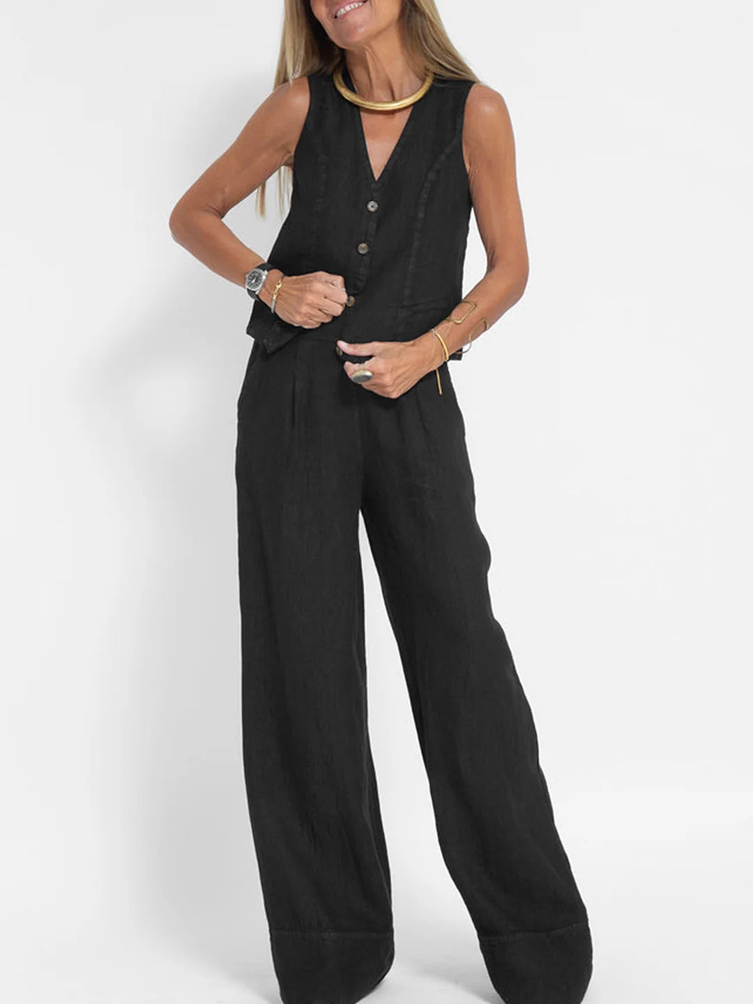 Cristina | Buttoned Vest and Wide-Leg Pants Set