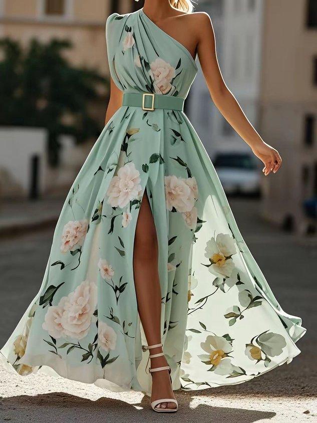 Lyla | Light Green Floral Chiffon One-Shoulder Maxi Dress
