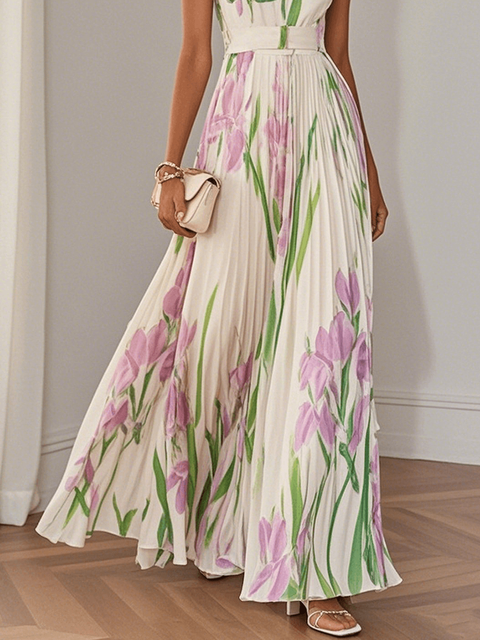 Daisy | White Pleated Floral Chiffon Maxi Dress