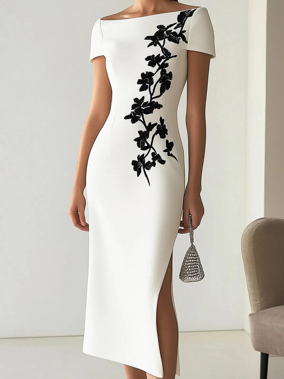 Natasha | Chic Floral Print Boat Neck Midi Dress Outfit