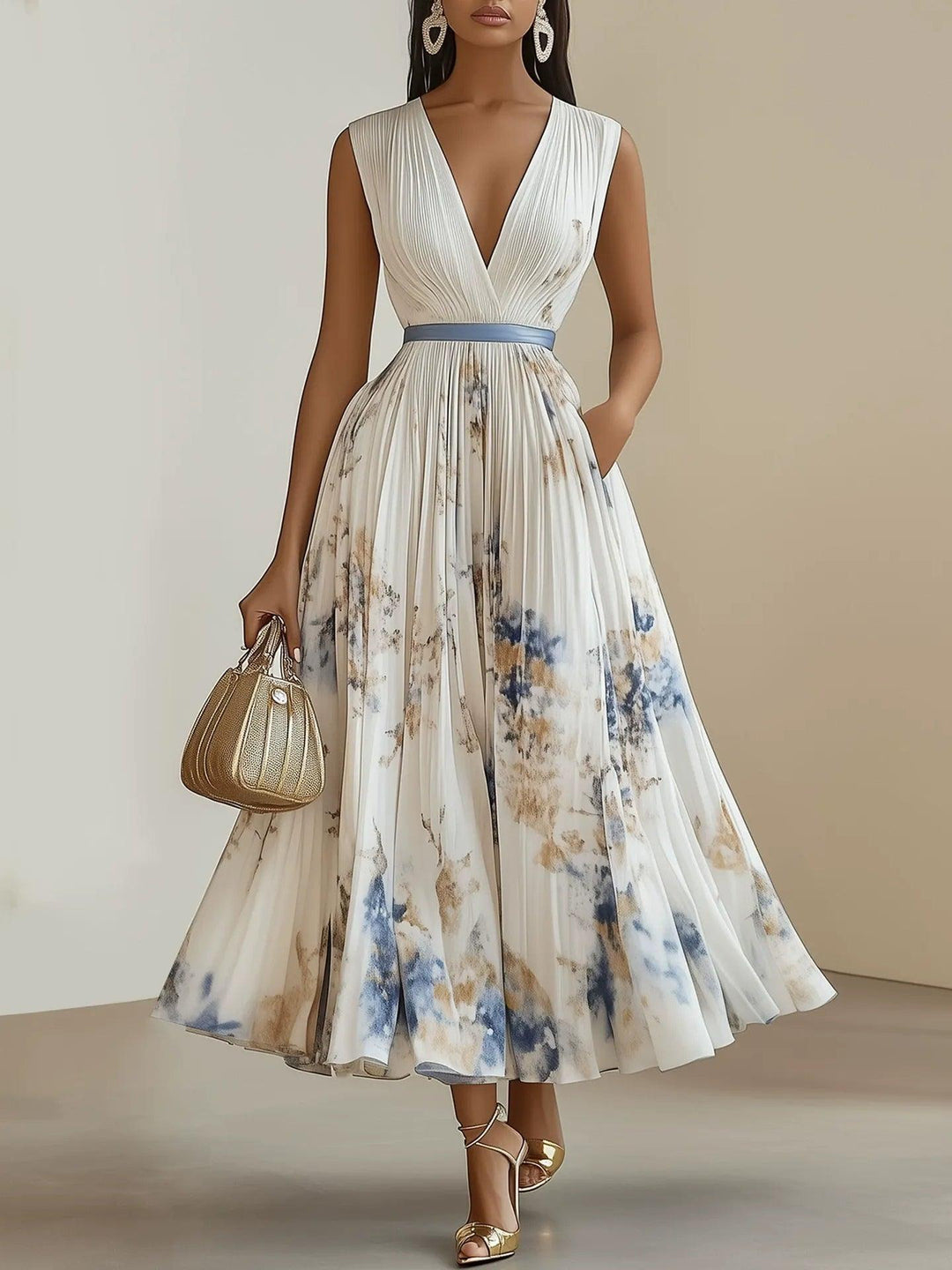 Leanna | White Floral Chiffon V-Neck Pleated Midi Dress