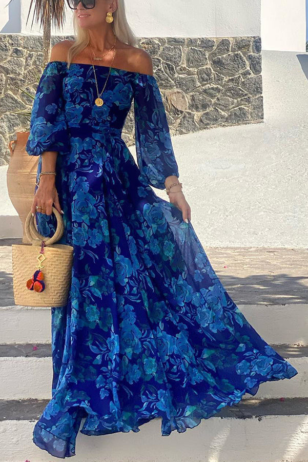 Kaira | Long Floral Print Dress with Off-the-Shoulder Sleeves