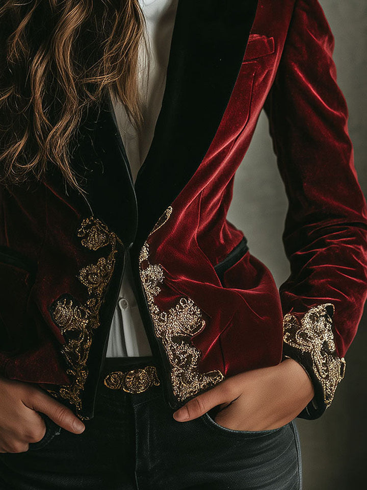 Peggy – Velvet Blazer with Gold Embroidery