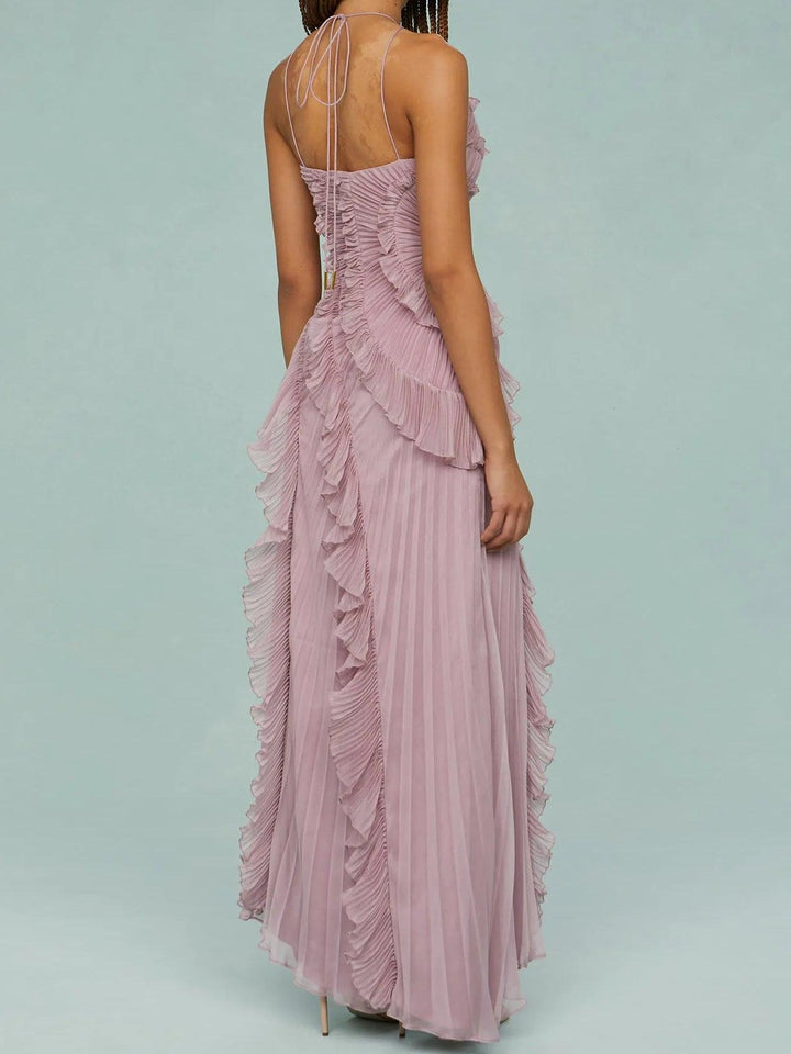 Alora | Pleated Suspender Long Dress with Slits Dress