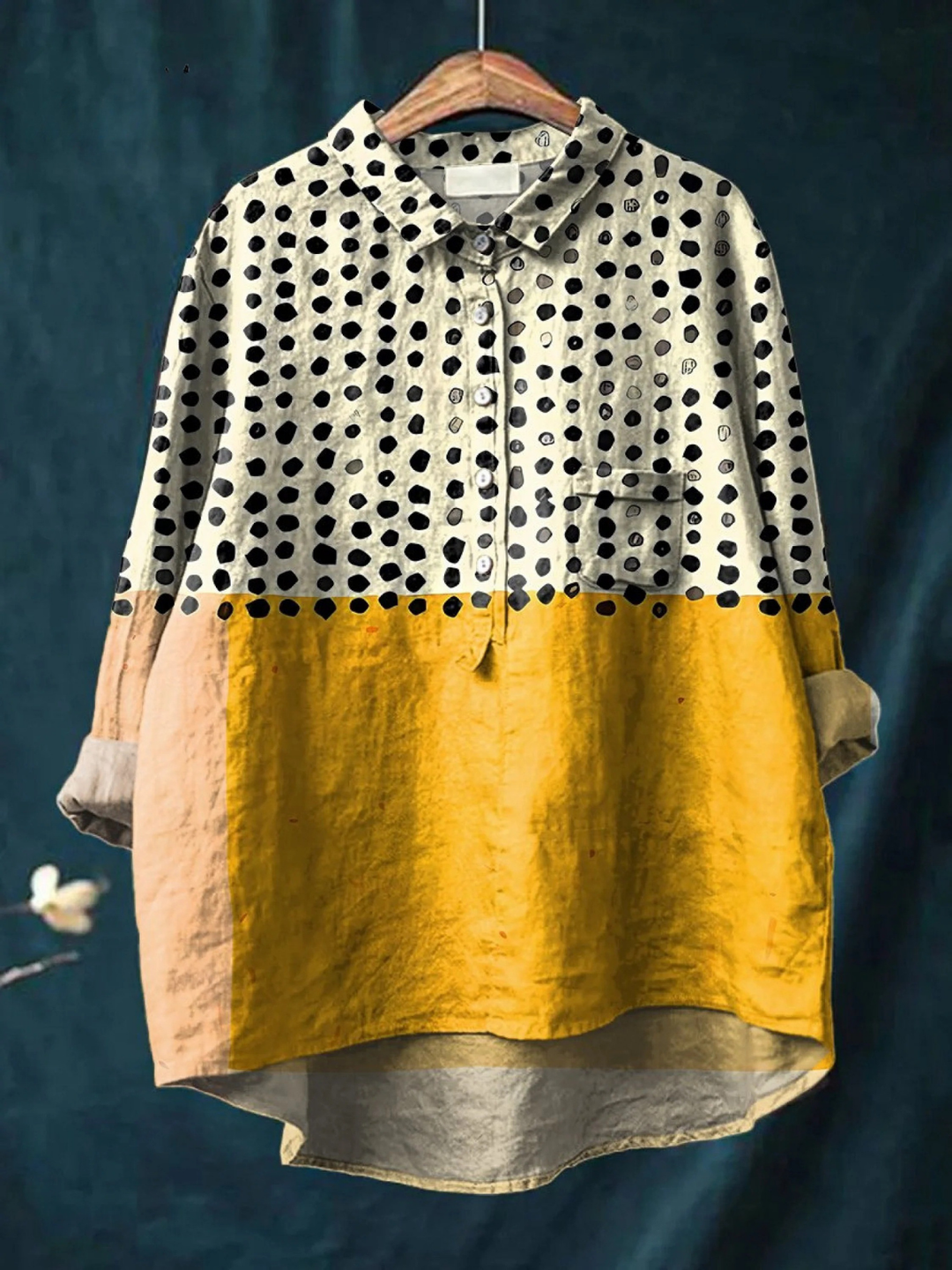 Anastasia | Women's Yellow Color-Blocked Dots Print Casual Shirt
