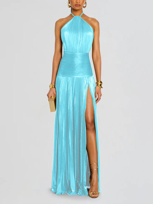 Kasey | Trendy Metallic Plissé Halter Gown