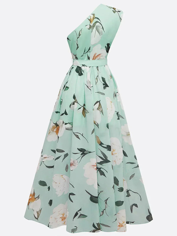 Lyla | Light Green Floral Chiffon One-Shoulder Maxi Dress