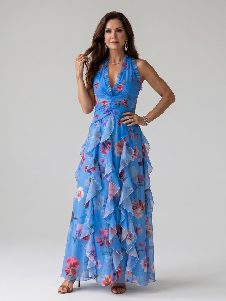 Avery | Halter Ruched Floral Maxi Dress