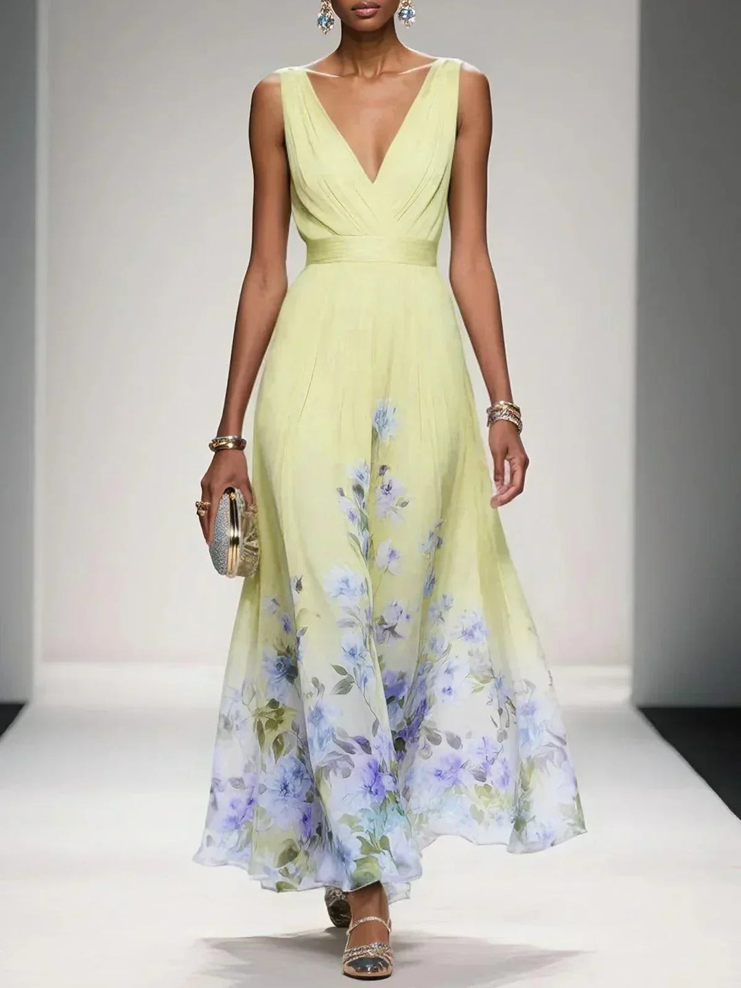 Alina | Light Blue Floral Chiffon V-Neck Maxi Dress