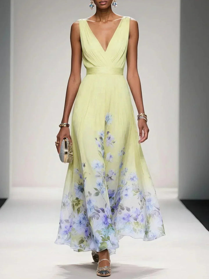 Alina | Light Blue Floral Chiffon V-Neck Maxi Dress