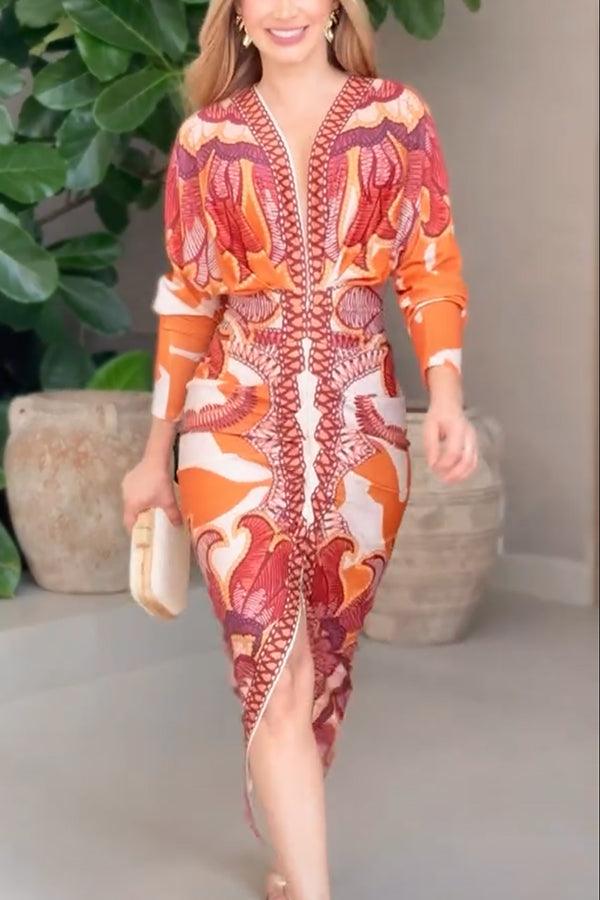 Elaina | Sun Escape Unique Print Dolman Midi Dress