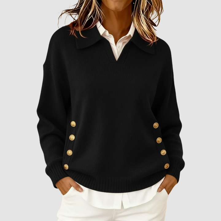 Vivien – Collared Knit Sweater with Side Buttons