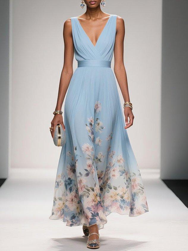 Alina | Light Blue Floral Chiffon V-Neck Maxi Dress