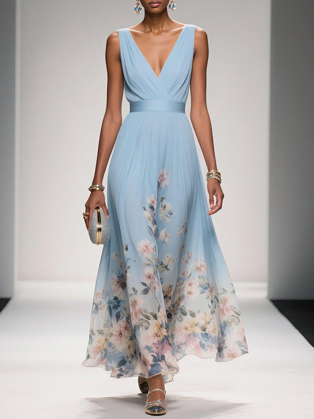 Alina | Light Blue Floral Chiffon V-Neck Maxi Dress