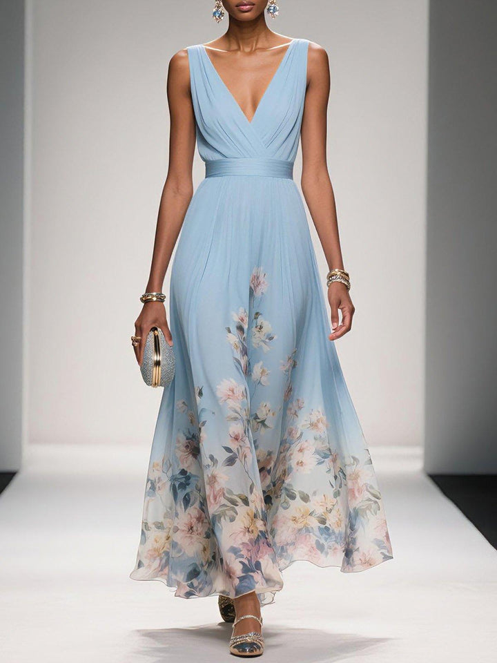 Alina | Light Blue Floral Chiffon V-Neck Maxi Dress
