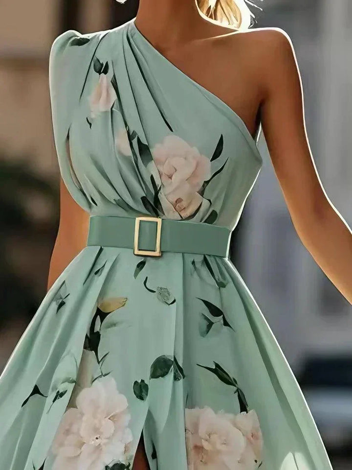 Lyla | Light Green Floral Chiffon One-Shoulder Maxi Dress