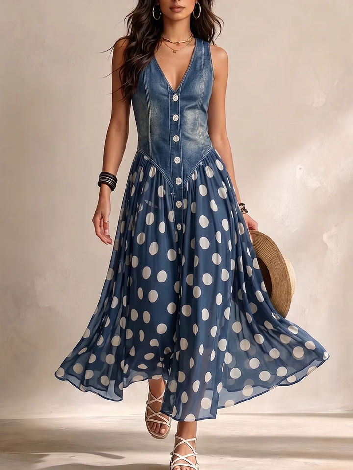 Penny – Denim Bodice Polka Dot Midi Dress