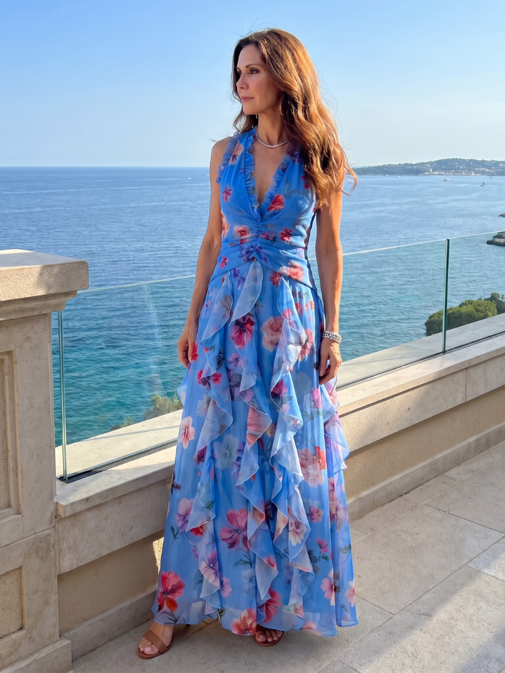 Avery | Halter Ruched Floral Maxi Dress