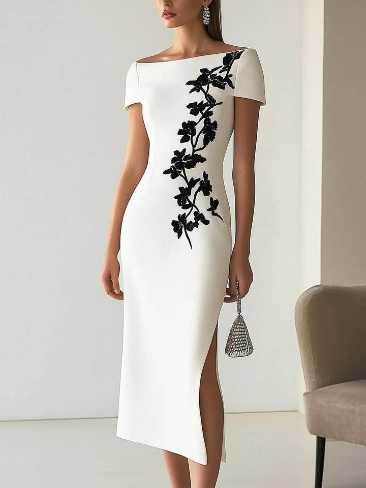 Natasha | Chic Floral Print Boat Neck Midi Dress Outfit