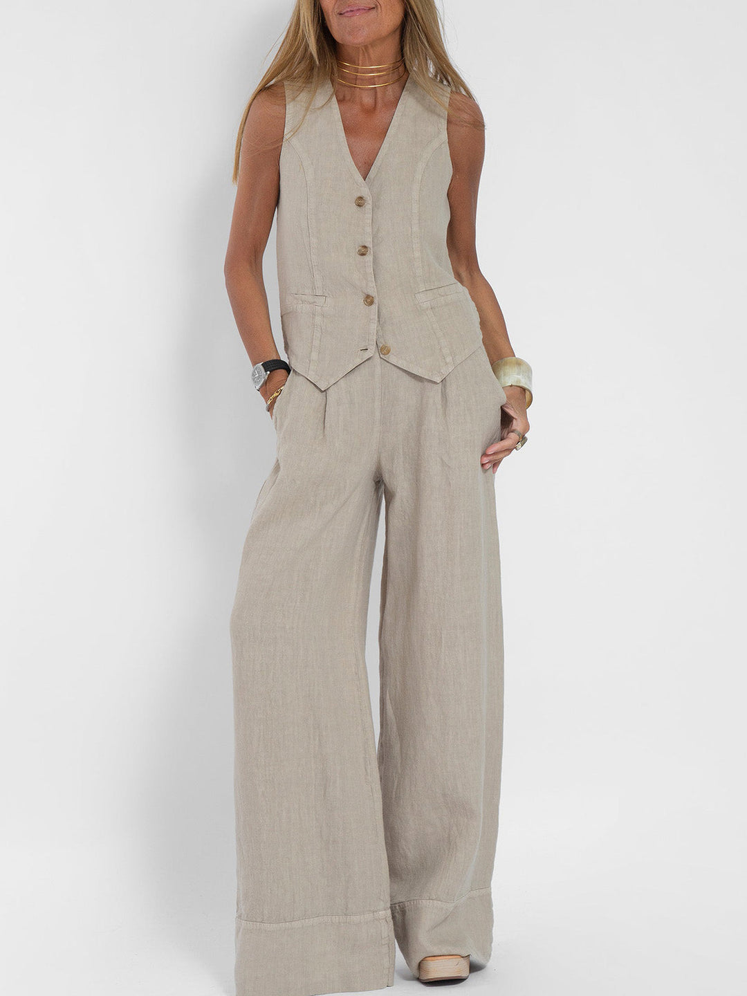 Cristina | Buttoned Vest and Wide-Leg Pants Set