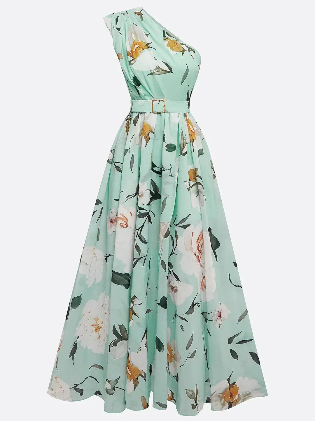 Lyla | Light Green Floral Chiffon One-Shoulder Maxi Dress