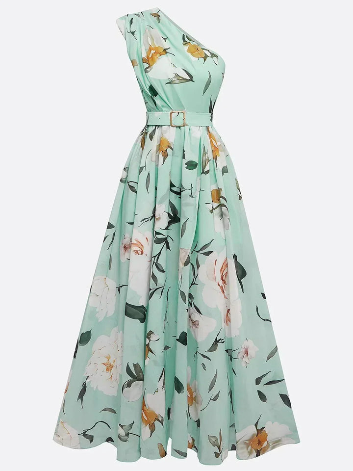 Lyla | Light Green Floral Chiffon One-Shoulder Maxi Dress