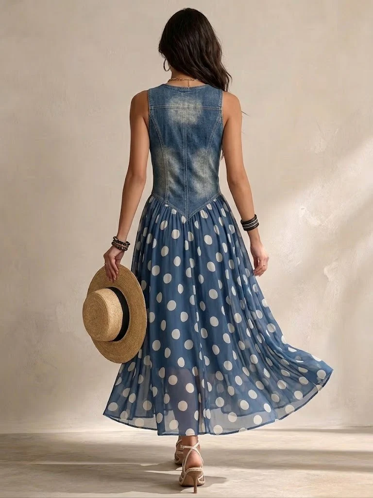 Penny – Denim Bodice Polka Dot Midi Dress