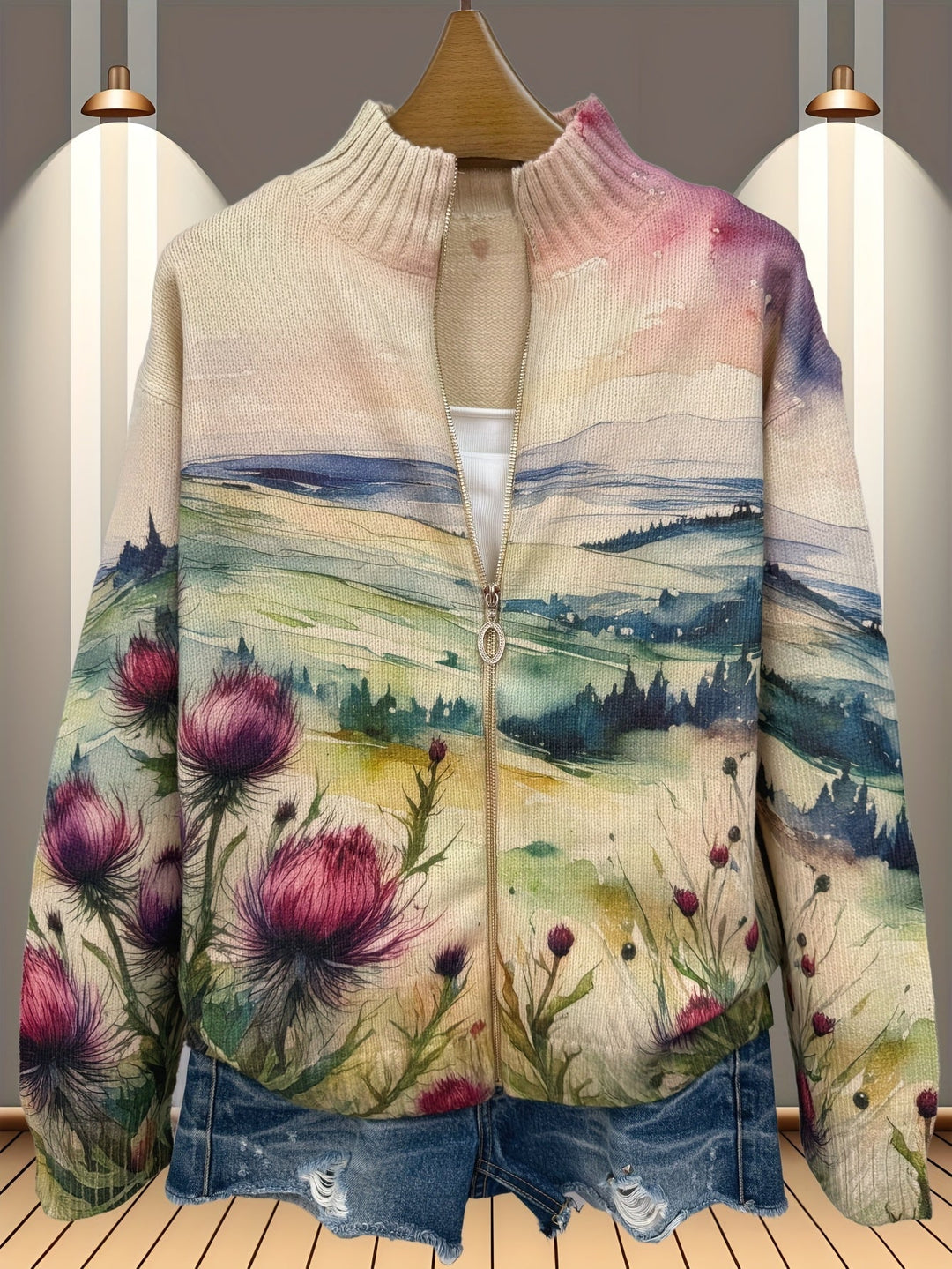 Melissa – Scottish Thistle Landscape Zip Jacket