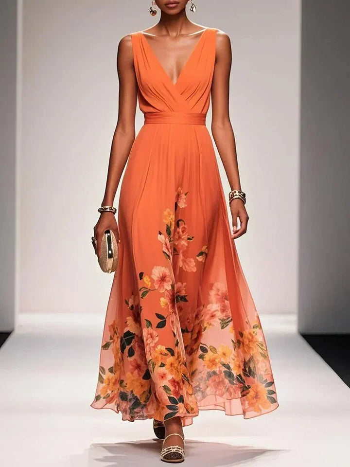 Alina | Light Blue Floral Chiffon V-Neck Maxi Dress