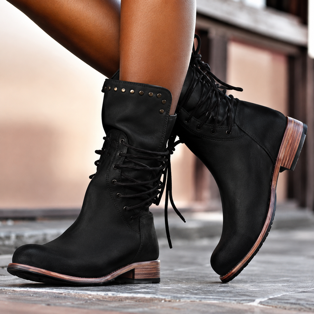 Michelle – Lace-Up Studded Mid-Calf Boots