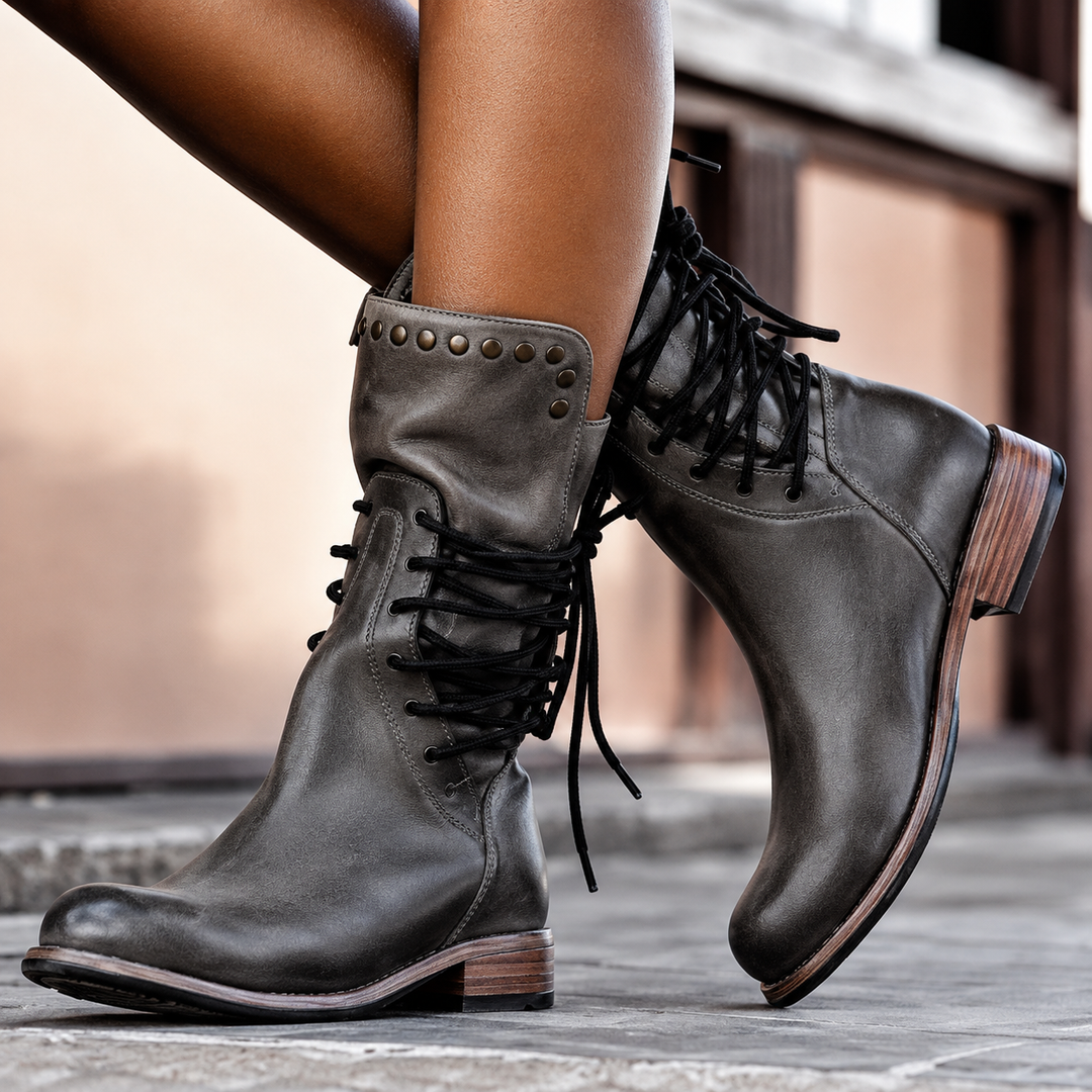 Michelle – Lace-Up Studded Mid-Calf Boots