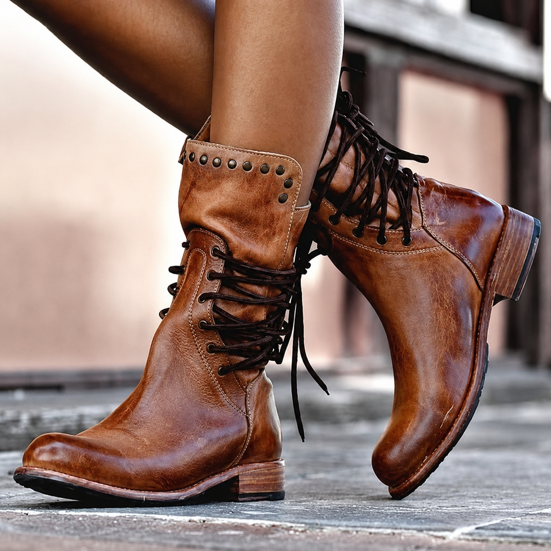 Michelle – Lace-Up Studded Mid-Calf Boots