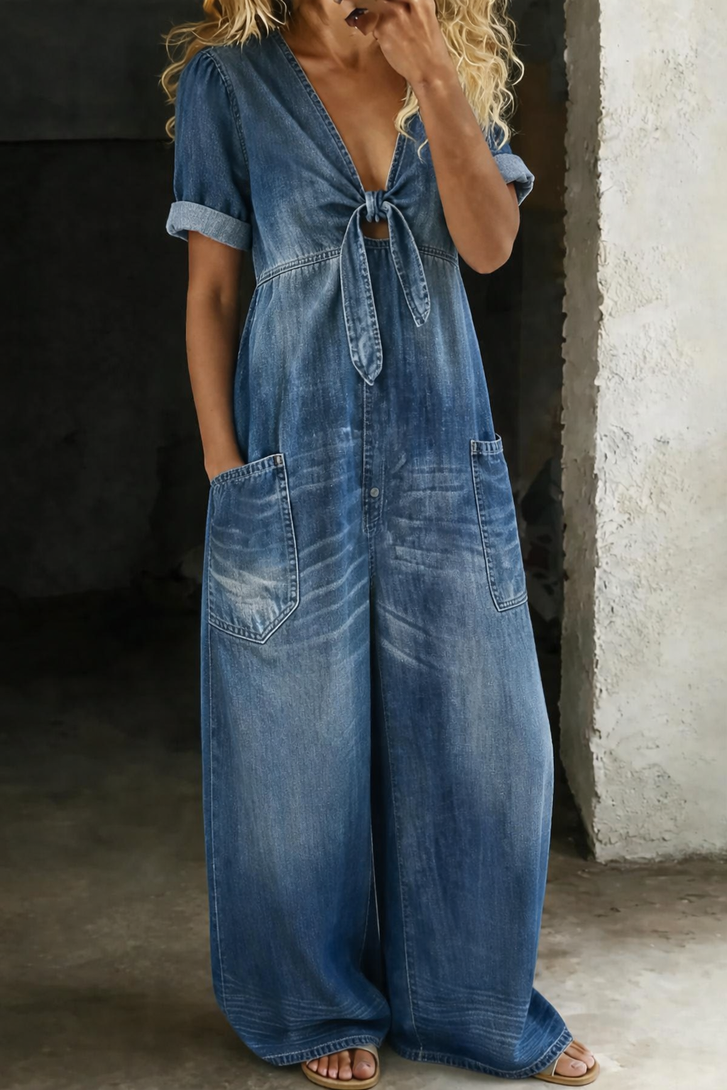 Chloe | V-Neck Denim Jumpsuit