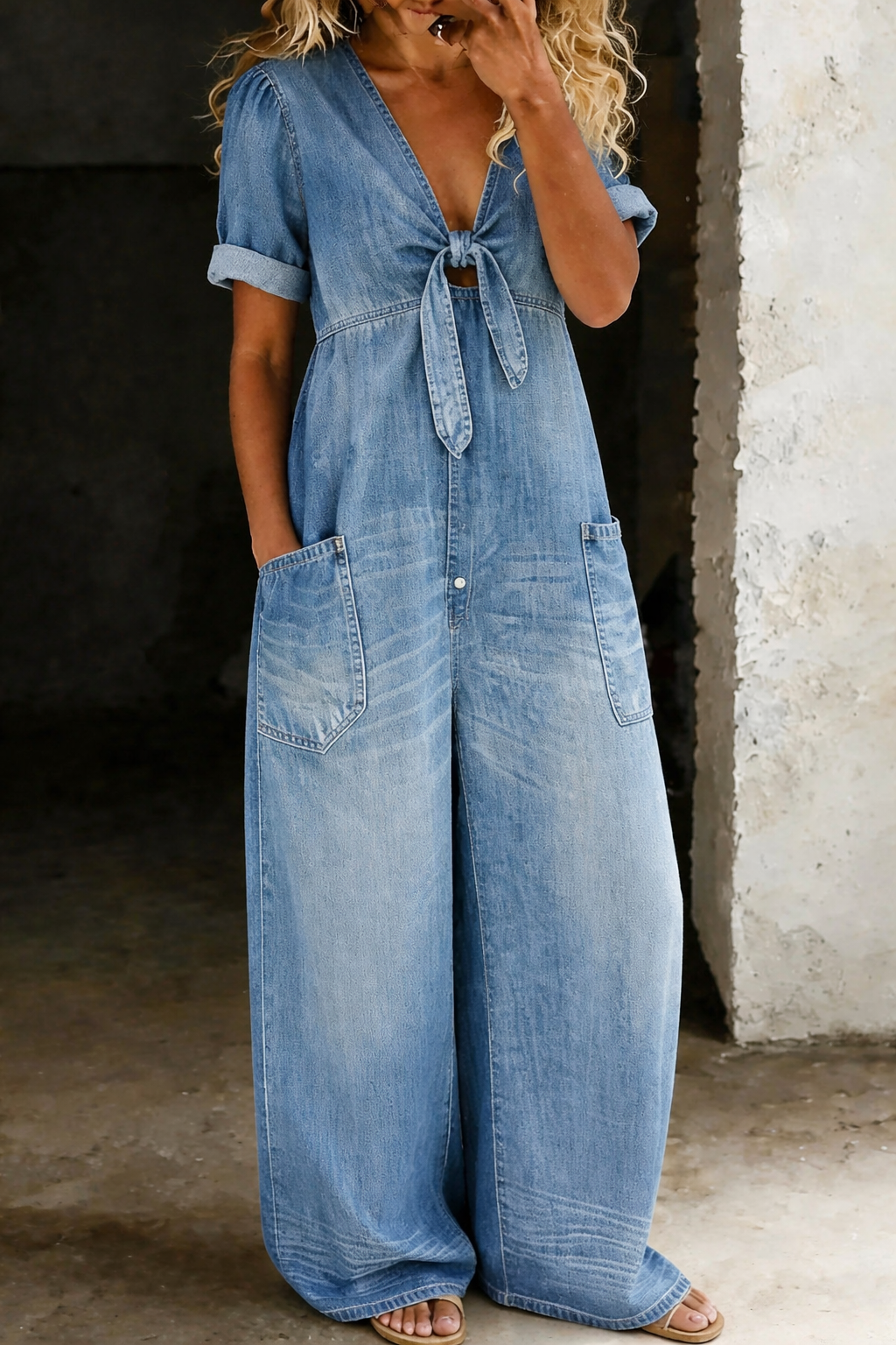 Chloe | V-Neck Denim Jumpsuit