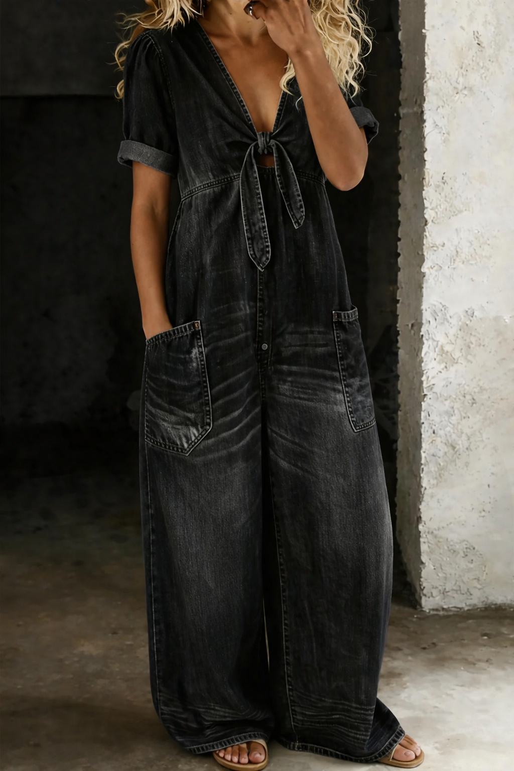 Chloe | V-Neck Denim Jumpsuit