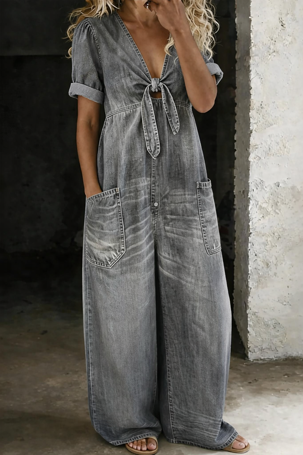 Chloe | V-Neck Denim Jumpsuit