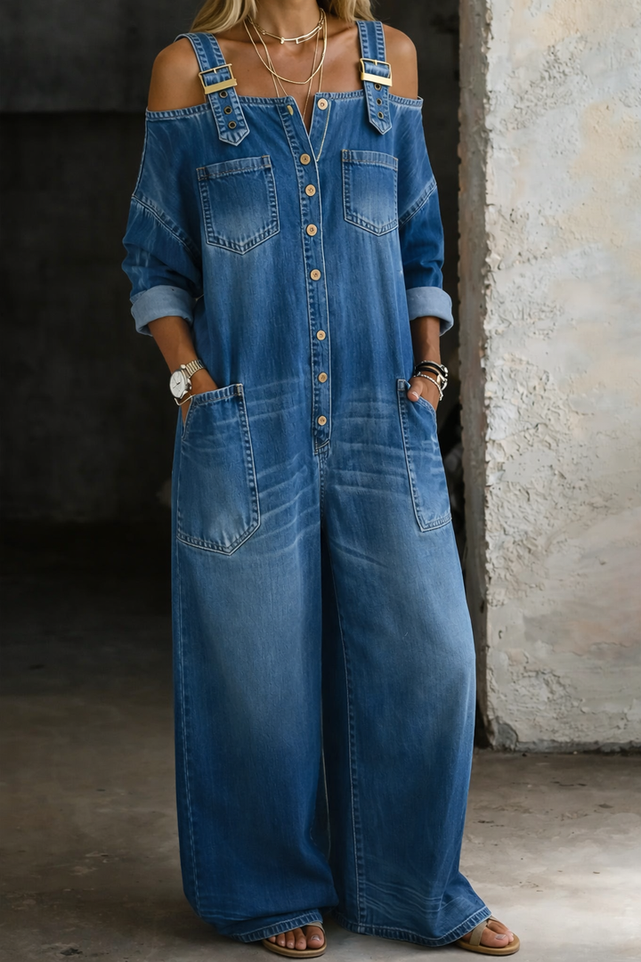 Nola – Wide Leg Denim-Look Jumpsuit