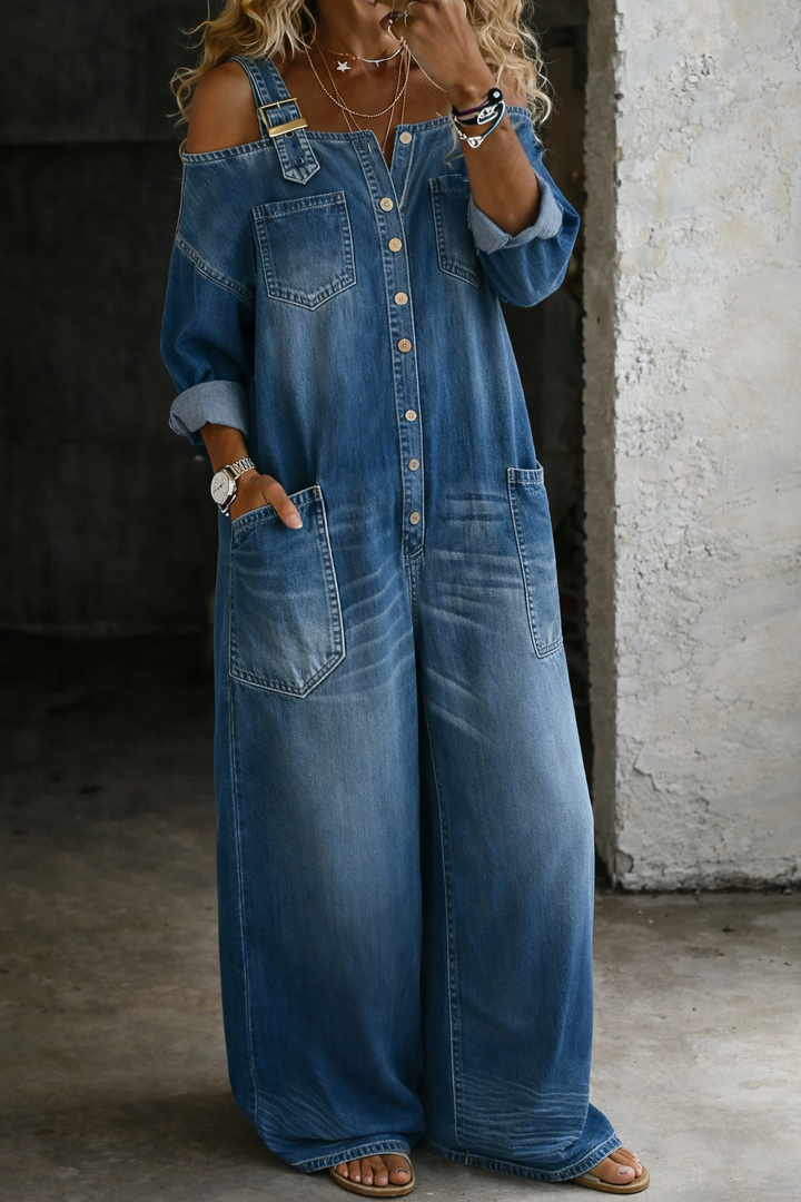 Nola – Wide Leg Denim-Look Jumpsuit