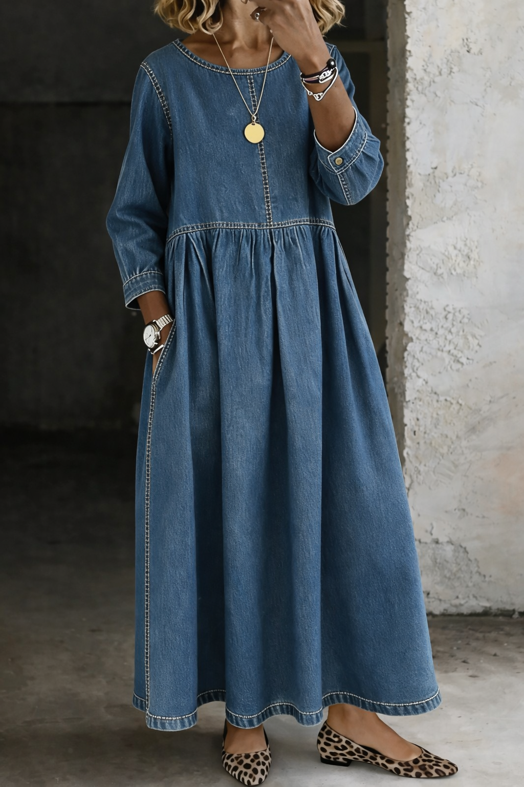 Olivia | Round Neck Denim Dress