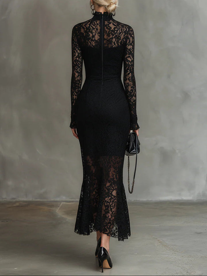 Vicky | Elegant Black Stretchy Lace Fishtail Maxi Dress