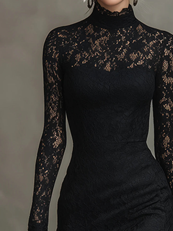 Vicky | Elegant Black Stretchy Lace Fishtail Maxi Dress